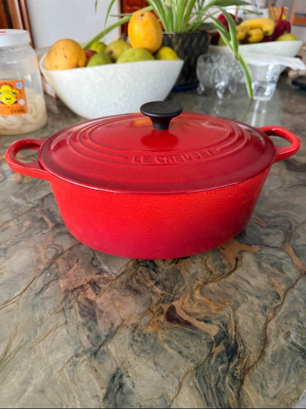 Le Creuset 5 quart Red Enameled Cast Iron Oval Dutch Oven with Black Knob